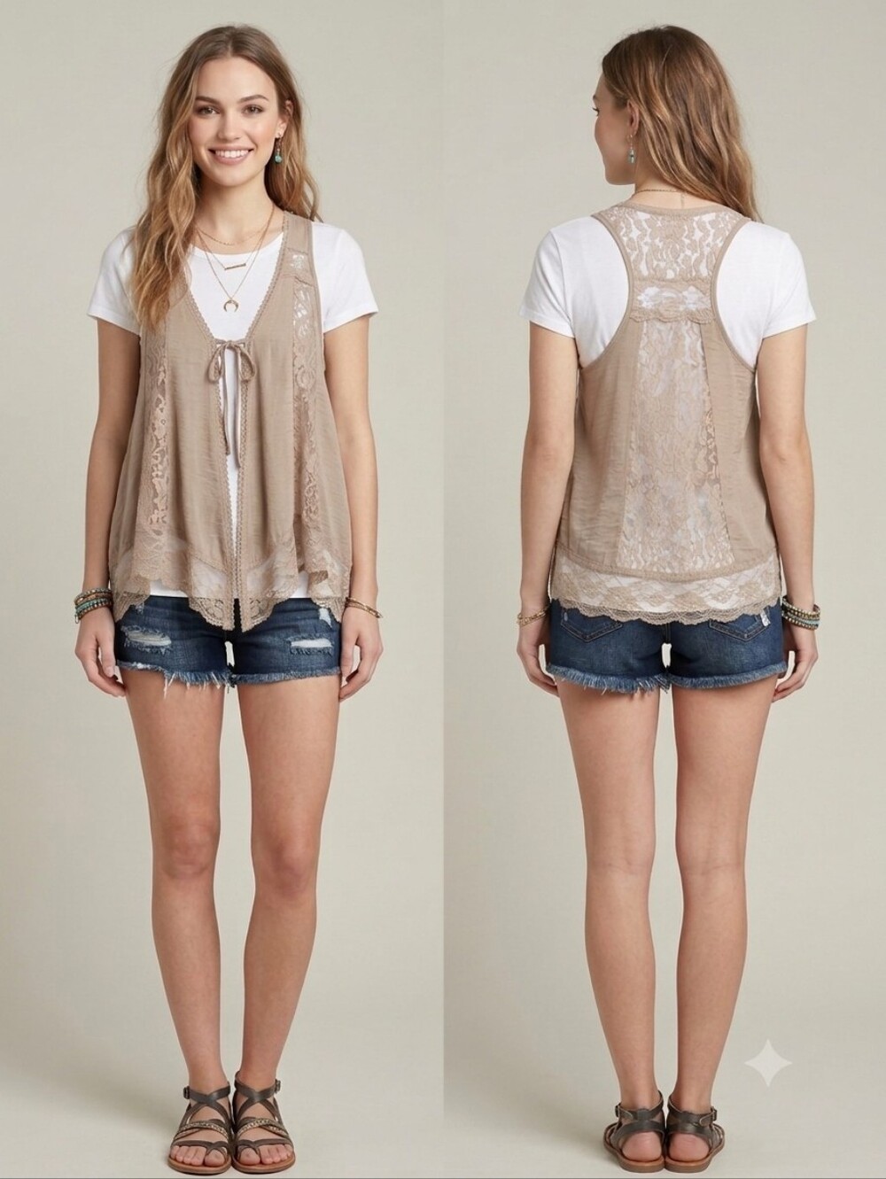 ​Myth NYC Beige Sheer Lace Tie Front Vest Layering Top Medium Boho Festival